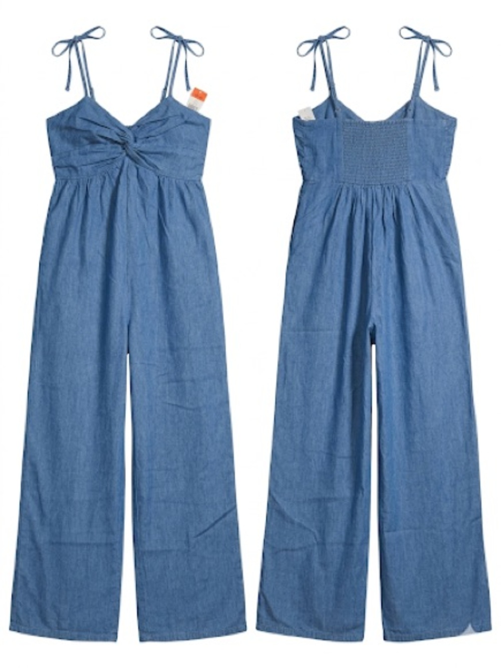 Old Navy Blue Denim-Look Tie Strap Wide-Leg Jumpsuit